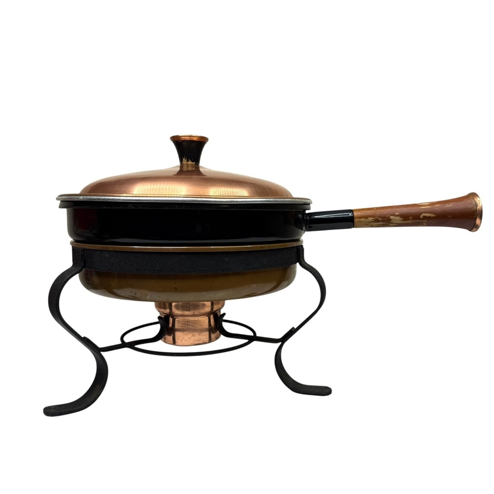 Vintage Copper & Enamel Fondue Pot Set with Stand & Burner - Mid-Century
